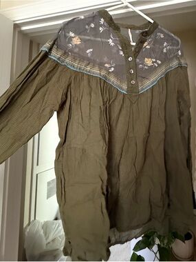 Free People Olive Green Peasant Blouse with Embroidered Yoke